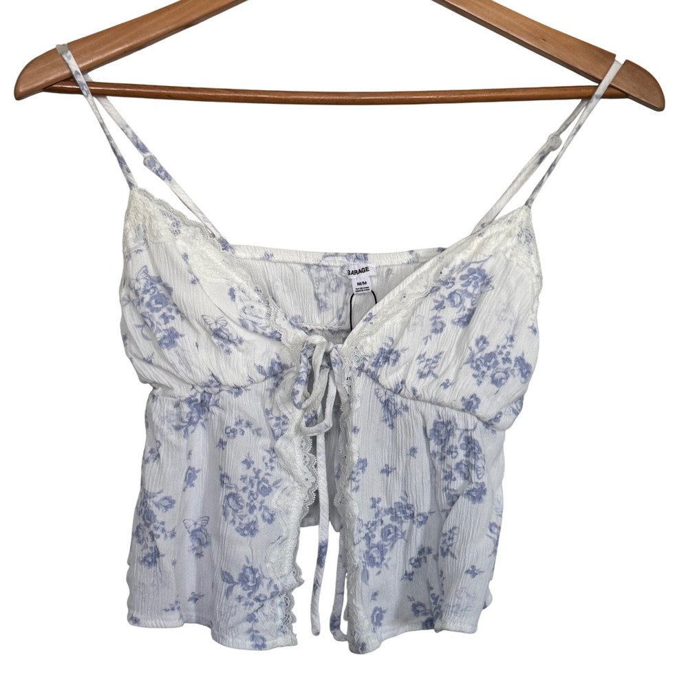 Garage White Floral Lace-Trim Camisole with Blue Print